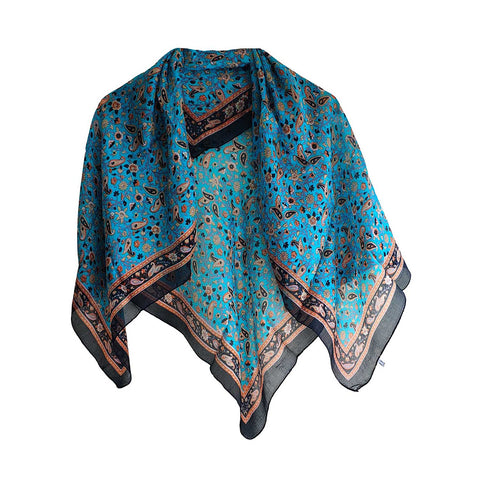 India Scarves Floral Paisley Print Silk Scarf, Light Weight Square Neck Wrap,  Border Pattern, 100x100 cm