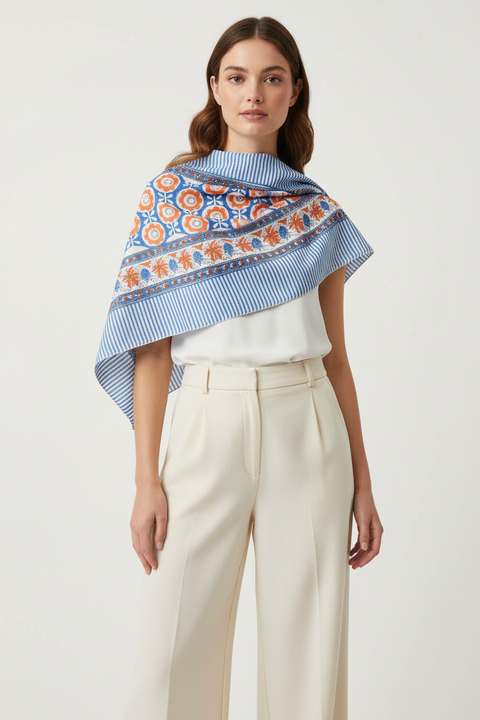 India Scarves Floral Paisley Print Cotton Scarf, Light Weight Square Neck Wrap,  Border Pattern, 75x75 cm