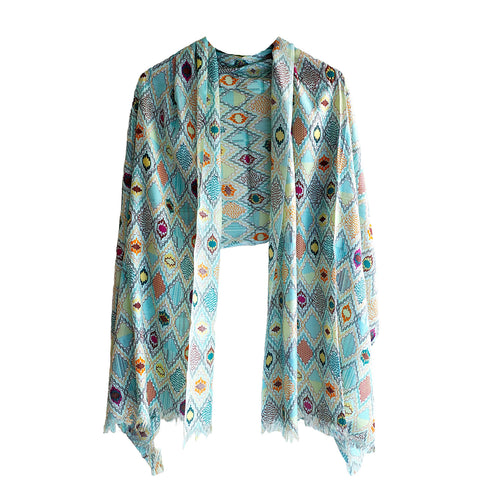India Scarves Women's Viscose Geoi Design Blue,Purple,yellow and green colour Fragrance Stole, 75 Cm x 185 Cm
