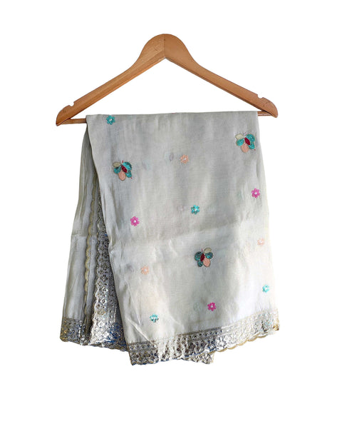 Hand-Embroidered Ivory Silk Dupatta with Multicoloured Floral Motifs and Silver Scalloped Border
