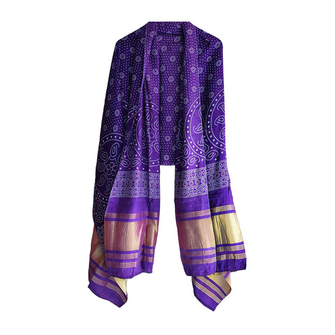 India Scarves Traditional Semi Gaji Silk Dupatta, Multi Color with Bandhani Print and Jari Gold Border( Purple color)