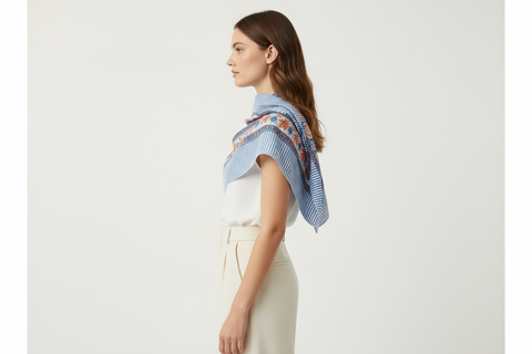 Woman wearing a blue patterned scarf and white outfit on a light background