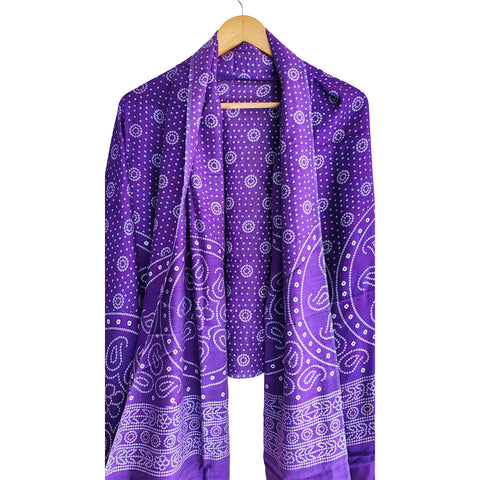 India Scarves Traditional Semi Gaji Silk Dupatta, Multi Color with Bandhani Print and Jari Gold Border( Purple color)