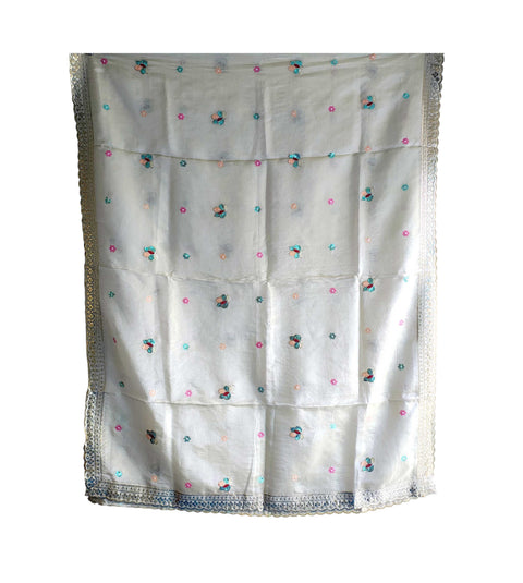 Hand-Embroidered Ivory Silk Dupatta with Multicoloured Floral Motifs and Silver Scalloped Border