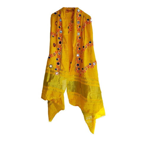 Handcrafted Purple Silk Dupatta with Gold Border, Floral Embroidered Mirror Work, Traditional Indian Scarf