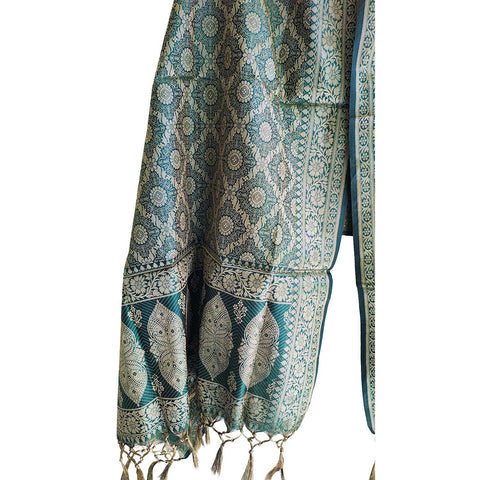 India scarves Banarasi Brocade with Floral Grid, Ornamental Border, and Tassel Finish