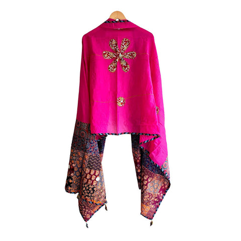 India Scarves Ajrakh Applique Patchwork Cotton Dupatta(Magenta Pink )
