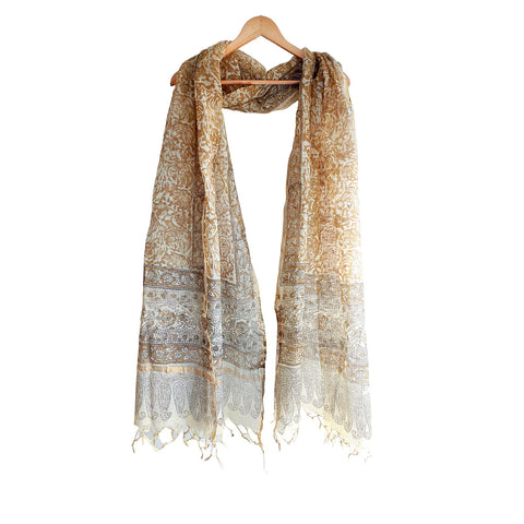 India Scarves Kota Doria Kalamkari Cotton Silk Yellow Colour Floral Dupatta