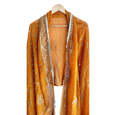 India Scarves Handcrafted Paisley Grid Dupatta in Georgette with Ornate Border Detailing(Mustard Color)