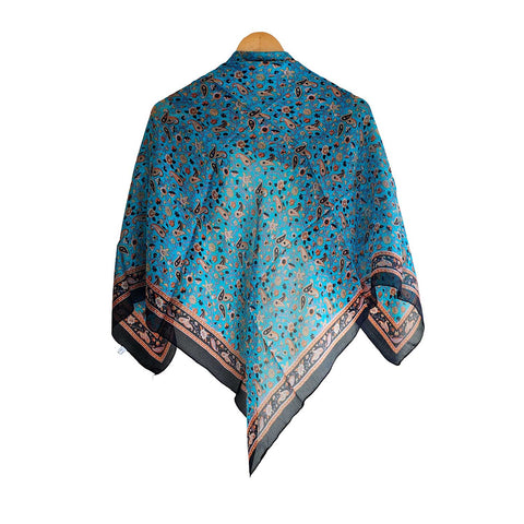 India Scarves Floral Paisley Print Silk Scarf, Light Weight Square Neck Wrap,  Border Pattern, 100x100 cm