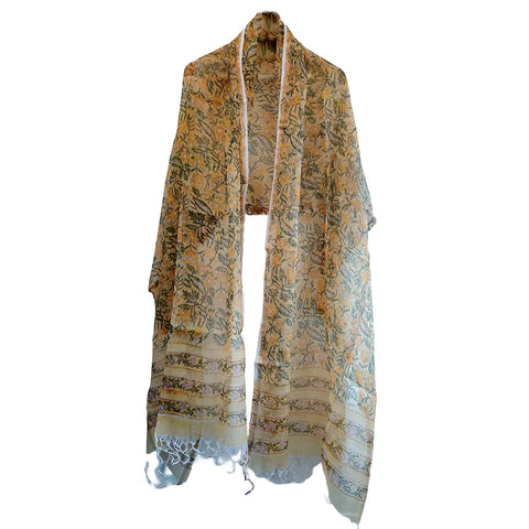 Kota Doria Cotton SIlk Hand Block Printed Duptta with Yellow Base