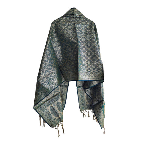 India scarves Banarasi Brocade with Floral Grid, Ornamental Border, and Tassel Finish