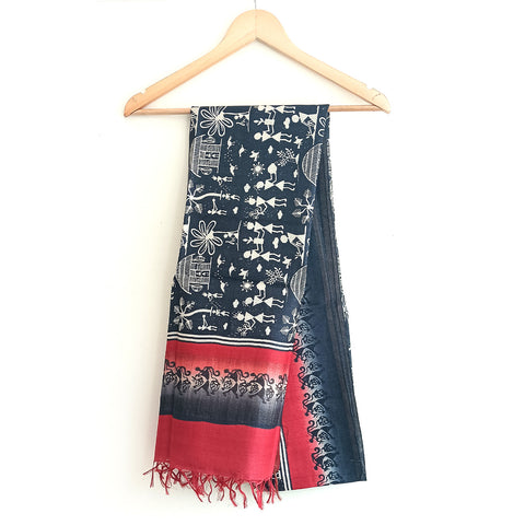 Women's Pure Kosa Silk Stole Adorned with Bastar Tribal Art Hand Paintings With Natural Color