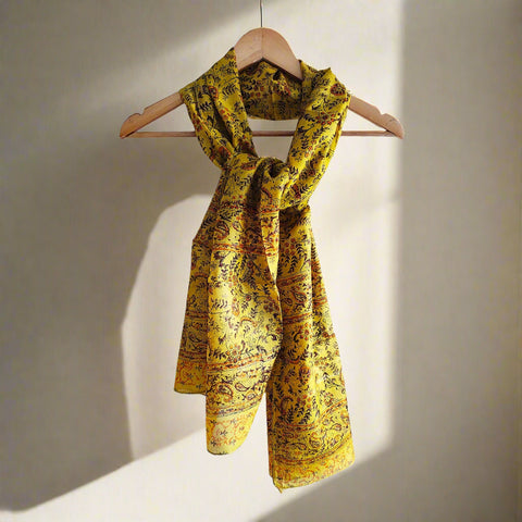 Mustard Yellow Silk Scarf with Traditional Design