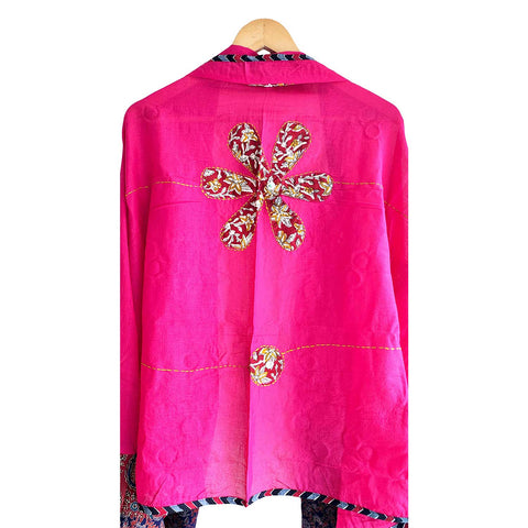 India Scarves Ajrakh Applique Patchwork Cotton Dupatta(Magenta Pink )