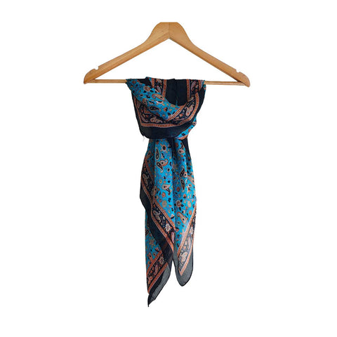India Scarves Floral Paisley Print Silk Scarf, Light Weight Square Neck Wrap,  Border Pattern, 100x100 cm