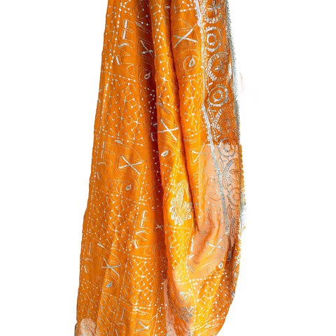 India Scarves Handcrafted Paisley Grid Dupatta in Georgette with Ornate Border Detailing(Mustard Color)
