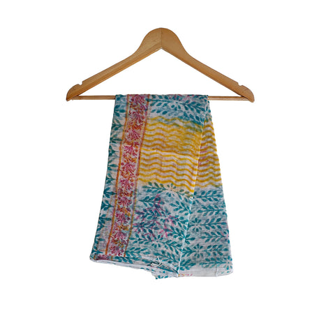 India Scarves Bagru Hand Block Floral kota Doria silk cotton Dupatta(Blue And Yellow)