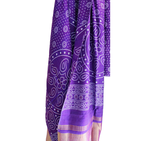 India Scarves Traditional Semi Gaji Silk Dupatta, Multi Color with Bandhani Print and Jari Gold Border( Purple color)