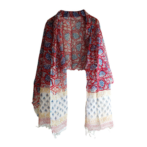 India Scarves Bagru Hand Block Floral kota Doria silk cotton Dupatta(Maroon Color)