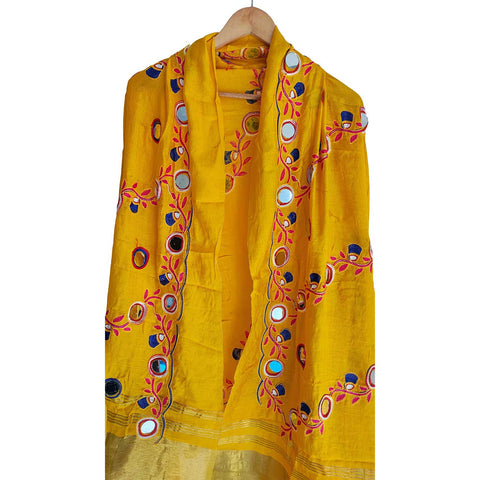 Handcrafted Purple Silk Dupatta with Gold Border, Floral Embroidered Mirror Work, Traditional Indian Scarf