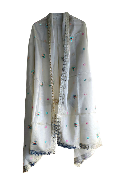 Hand-Embroidered Ivory Silk Dupatta with Multicoloured Floral Motifs and Silver Scalloped Border