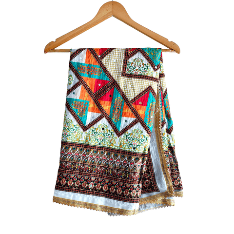 Pakistani Digital Printed Chinnon Multicoloured Dupatta With Heavy Mirror Work