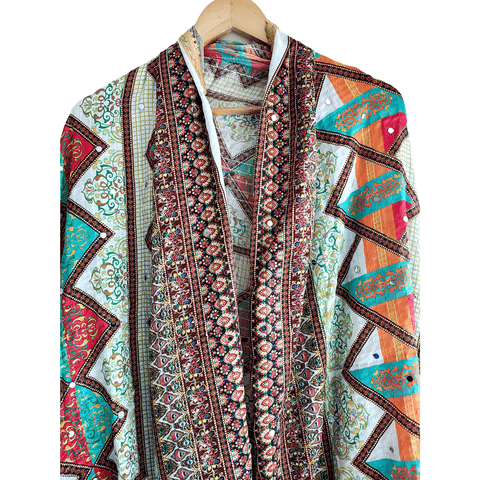 Pakistani Digital Printed Chinnon Multicoloured Dupatta With Heavy Mirror Work