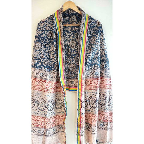 Indian Scarves Women's Kalamkari cotton dupatta with rainbow border Size 73x194 cm ( Blue )
