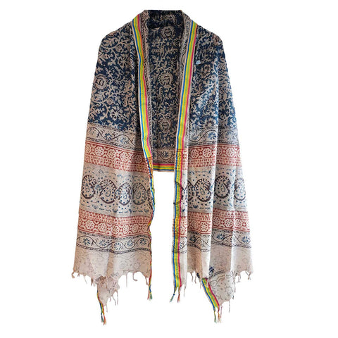 Indian Scarves Women's Kalamkari cotton dupatta with rainbow border Size 73x194 cm ( Blue )