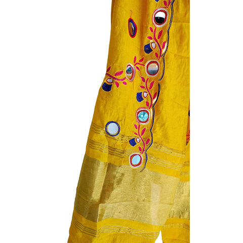 Handcrafted Purple Silk Dupatta with Gold Border, Floral Embroidered Mirror Work, Traditional Indian Scarf