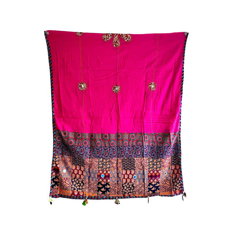 India Scarves Ajrakh Applique Patchwork Cotton Dupatta(Magenta Pink )