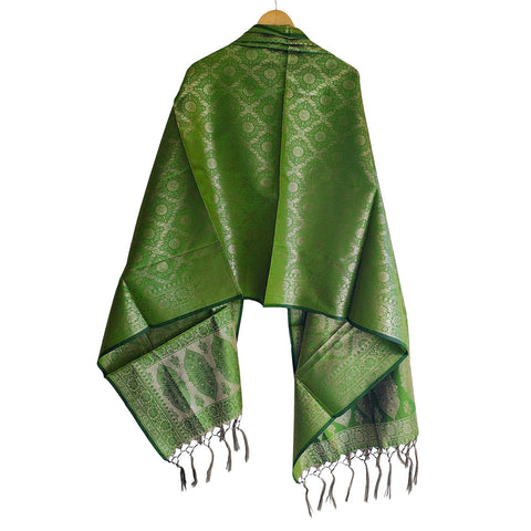 India scarves Banarasi Brocade with Floral Grid, Ornamental Border, and Tassel Finish