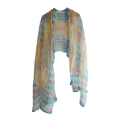 India Scarves Bagru Hand Block Floral kota Doria silk cotton Dupatta(Blue And Yellow)