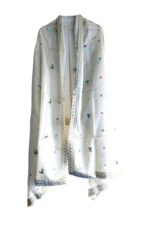 Hand-Embroidered Ivory Silk Dupatta with Multicoloured Floral Motifs and Silver Scalloped Border
