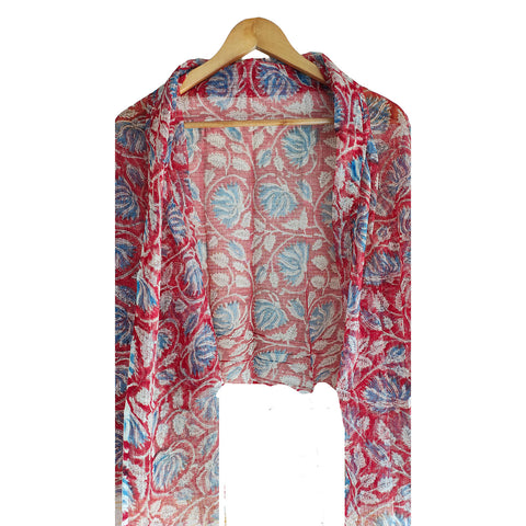 India Scarves Bagru Hand Block Floral kota Doria silk cotton Dupatta(Maroon Color)