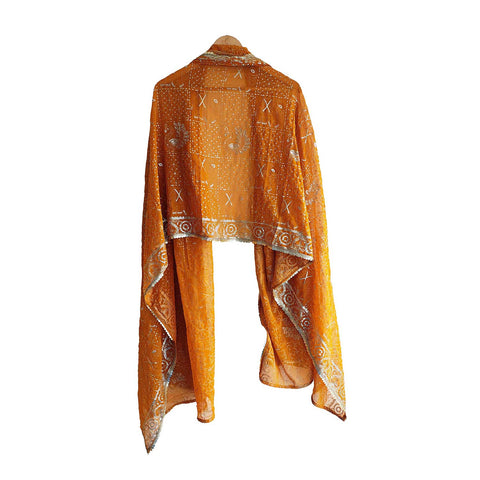 India Scarves Handcrafted Paisley Grid Dupatta in Georgette with Ornate Border Detailing(Mustard Color)