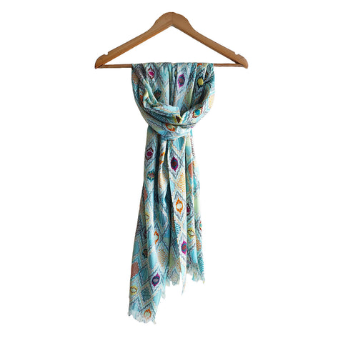 India Scarves Women's Viscose Geoi Design Blue,Purple,yellow and green colour Fragrance Stole, 75 Cm x 185 Cm