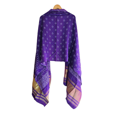 India Scarves Traditional Semi Gaji Silk Dupatta, Multi Color with Bandhani Print and Jari Gold Border( Purple color)