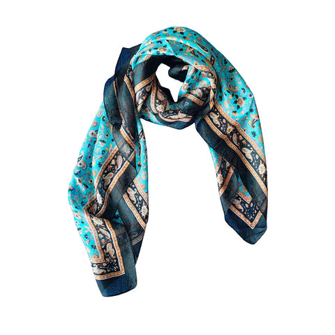 India Scarves Floral Paisley Print Silk Scarf, Light Weight Square Neck Wrap,  Border Pattern, 100x100 cm