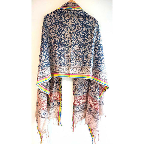 Indian Scarves Women's Kalamkari cotton dupatta with rainbow border Size 73x194 cm ( Blue )