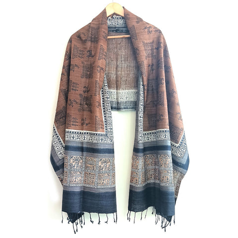 Bastar Tribal Art Kosa Silk Handloom Dupatta: Block Printed Fish Motifs, Deers, Trabal Culture