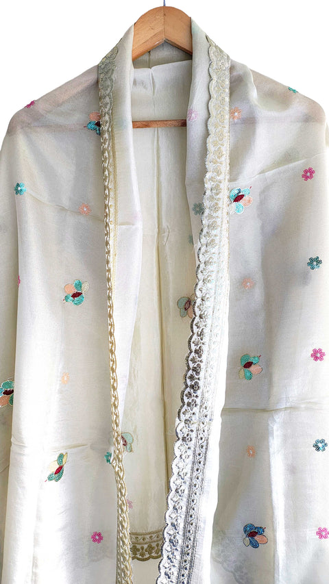 Hand-Embroidered Ivory Silk Dupatta with Multicoloured Floral Motifs and Silver Scalloped Border
