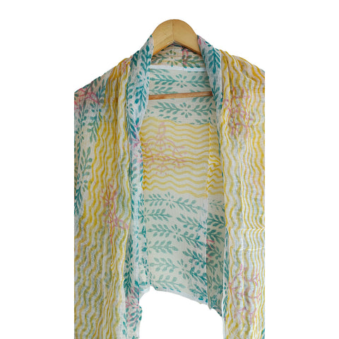 India Scarves Bagru Hand Block Floral kota Doria silk cotton Dupatta(Blue And Yellow)