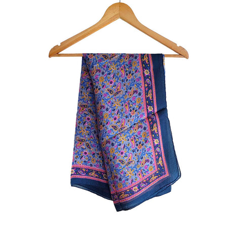 India Scarves Floral Paisley Print Silk Scarf, Light Weight Square Neck Wrap,  Border Pattern, 100x100 cm