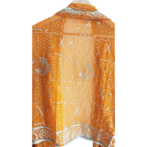 India Scarves Handcrafted Paisley Grid Dupatta in Georgette with Ornate Border Detailing(Mustard Color)