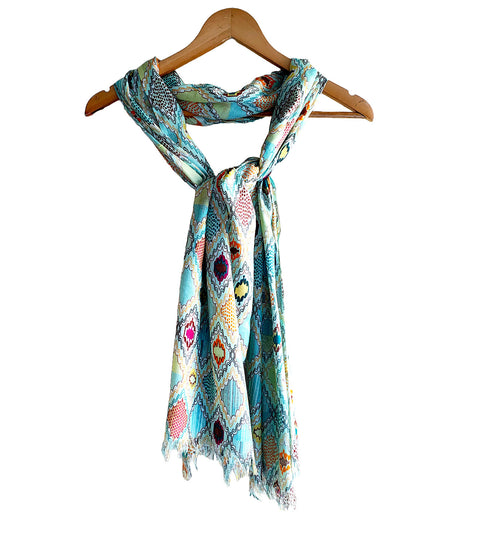 India Scarves Women's Viscose Geoi Design Blue,Purple,yellow and green colour Fragrance Stole, 75 Cm x 185 Cm