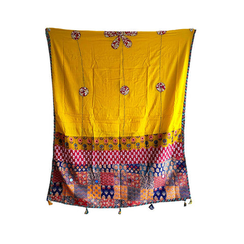 India Scarves Ajrakh Applique Patchwork Cotton Dupatta(Yellow Colore )