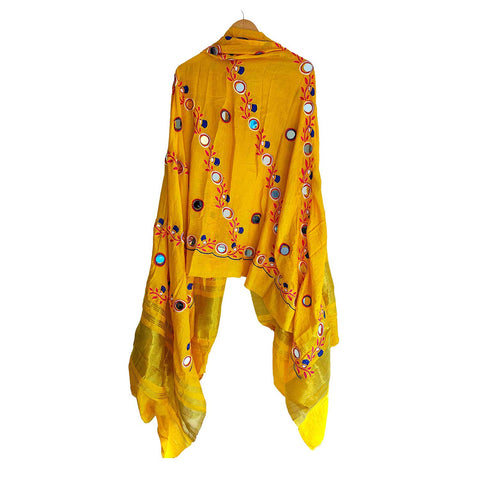 Handcrafted Purple Silk Dupatta with Gold Border, Floral Embroidered Mirror Work, Traditional Indian Scarf