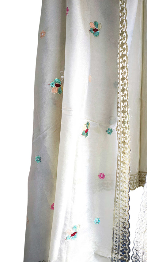 Hand-Embroidered Ivory Silk Dupatta with Multicoloured Floral Motifs and Silver Scalloped Border